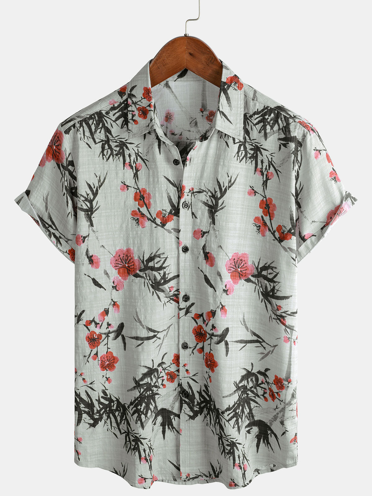 Vintage Summer Shirt with Red Floral Pattern, Short Sleeves