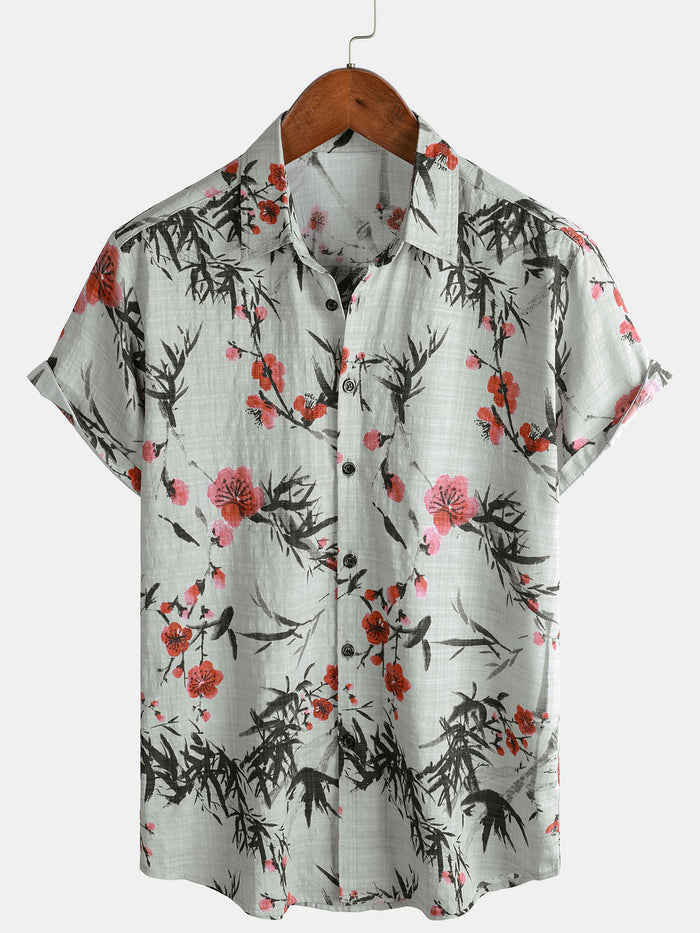 Vintage Summer Shirt with Red Floral Pattern, Short Sleeves
