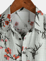 Vintage Summer Shirt with Red Floral Pattern, Short Sleeves