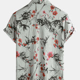 Vintage Summer Shirt with Red Floral Pattern, Short Sleeves