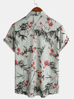 Vintage Summer Shirt with Red Floral Pattern, Short Sleeves