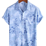 Retro Cotton Shirt with Short Sleeves in Flowers Blue for Men
