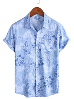 Retro Cotton Shirt with Short Sleeves in Flowers Blue for Men