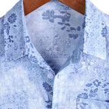 Retro Cotton Shirt with Short Sleeves in Flowers Blue for Men