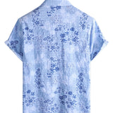 Retro Cotton Shirt with Short Sleeves in Flowers Blue for Men