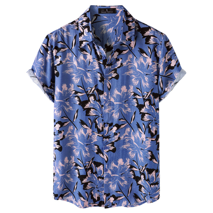 Blue Tropical Floral Buttoned Short Sleeve Shirt