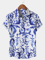 Retro Print Short Sleeve Button-Up Shirt