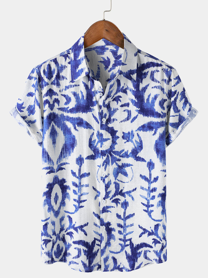 Retro Print Short Sleeve Button-Up Shirt