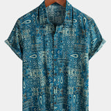 Blue Retro Button-Up Short Sleeve Shirt