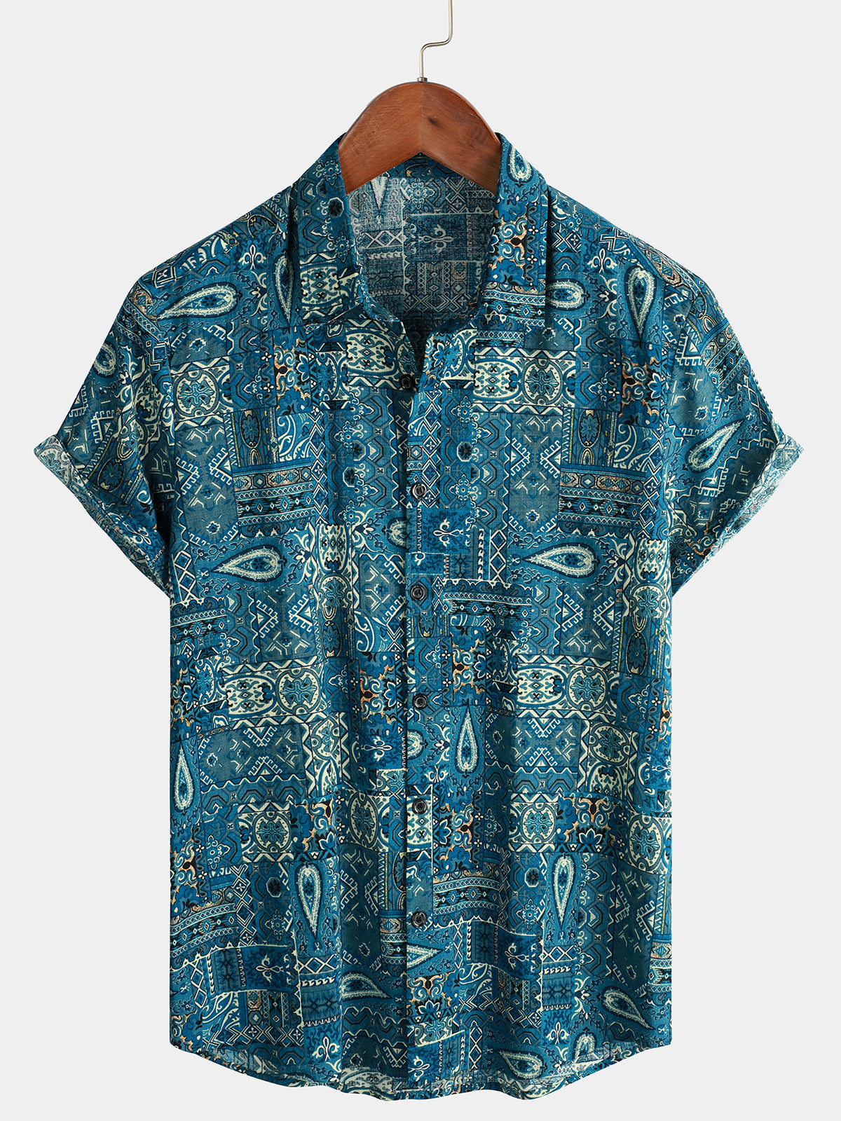 Blue Retro Button-Up Short Sleeve Shirt