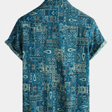 Blue Retro Button-Up Short Sleeve Shirt