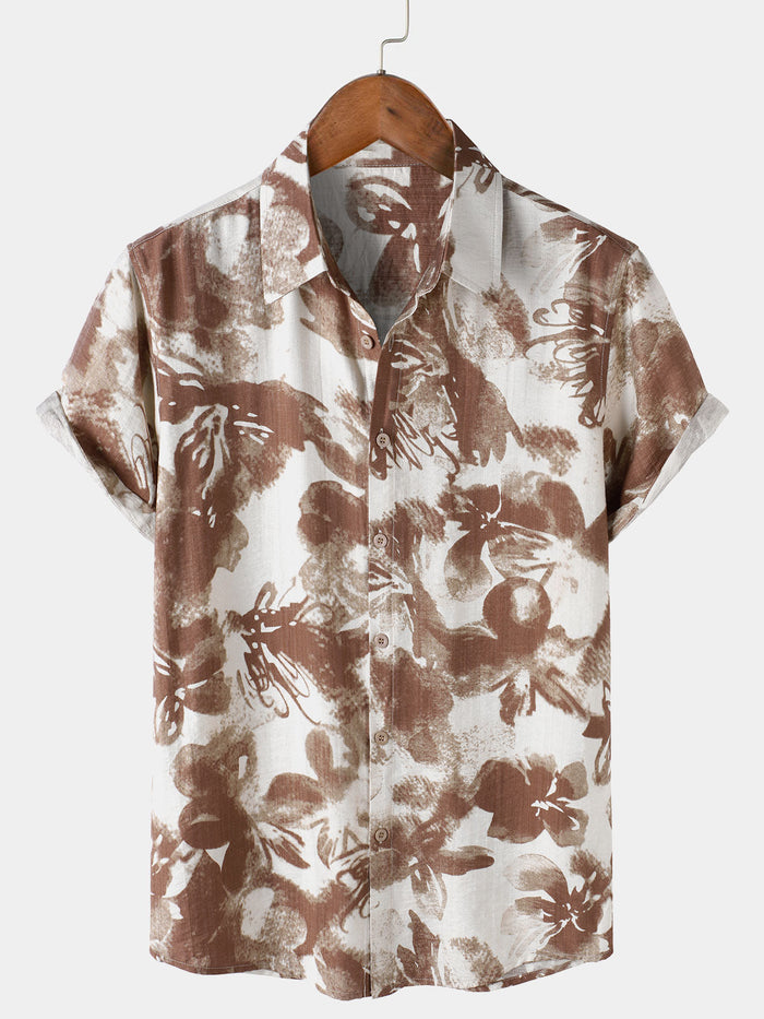 Button-Up Short Sleeve Abstract Floral Print Camp Style Shirt