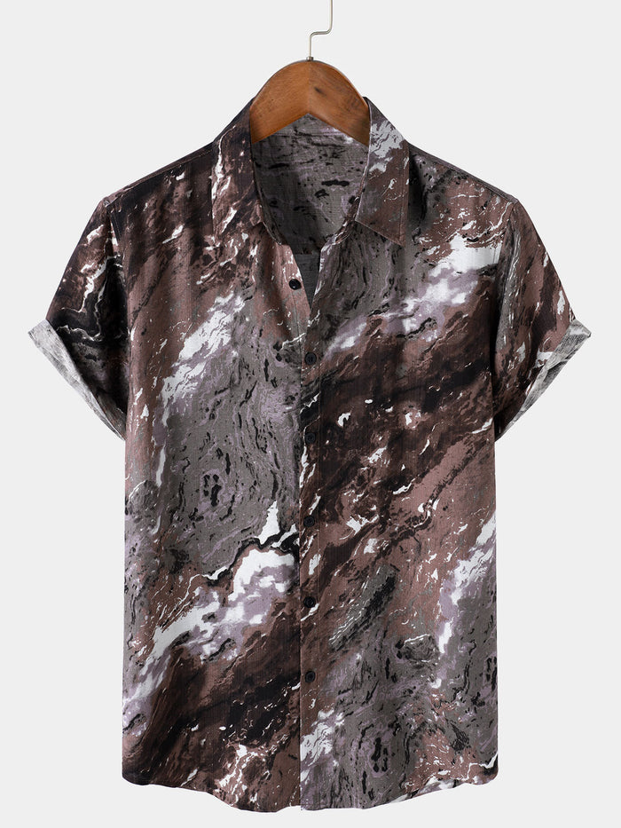 Brown Vacation Abstract Pattern Short Sleeve Shirt