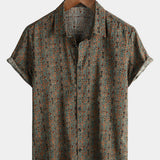 Short-Sleeve Retro Tribal Bohemian Brown Print Vintage 70s Shirt