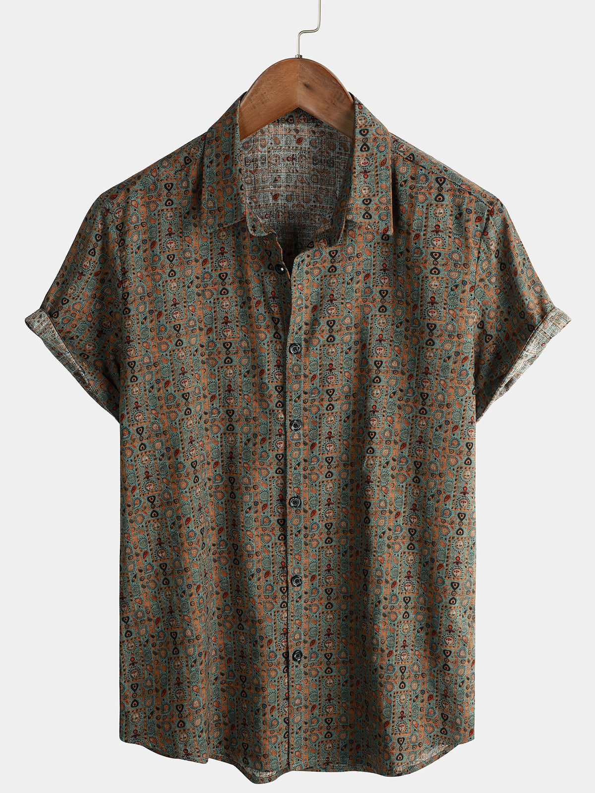 Short-Sleeve Retro Tribal Bohemian Brown Print Vintage 70s Shirt