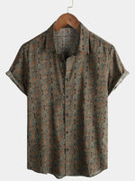 Short-Sleeve Retro Tribal Bohemian Brown Print Vintage 70s Shirt