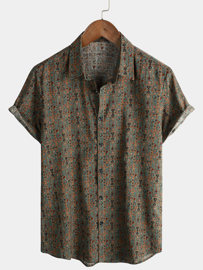 Short-Sleeve Retro Tribal Bohemian Brown Print Vintage 70s Shirt