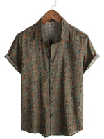 Men's Vintage Style Cotton Shirt with Paisley Pattern from the 70s with Brown Buttons in Boho Retro Tribal Style, Short Sleeve