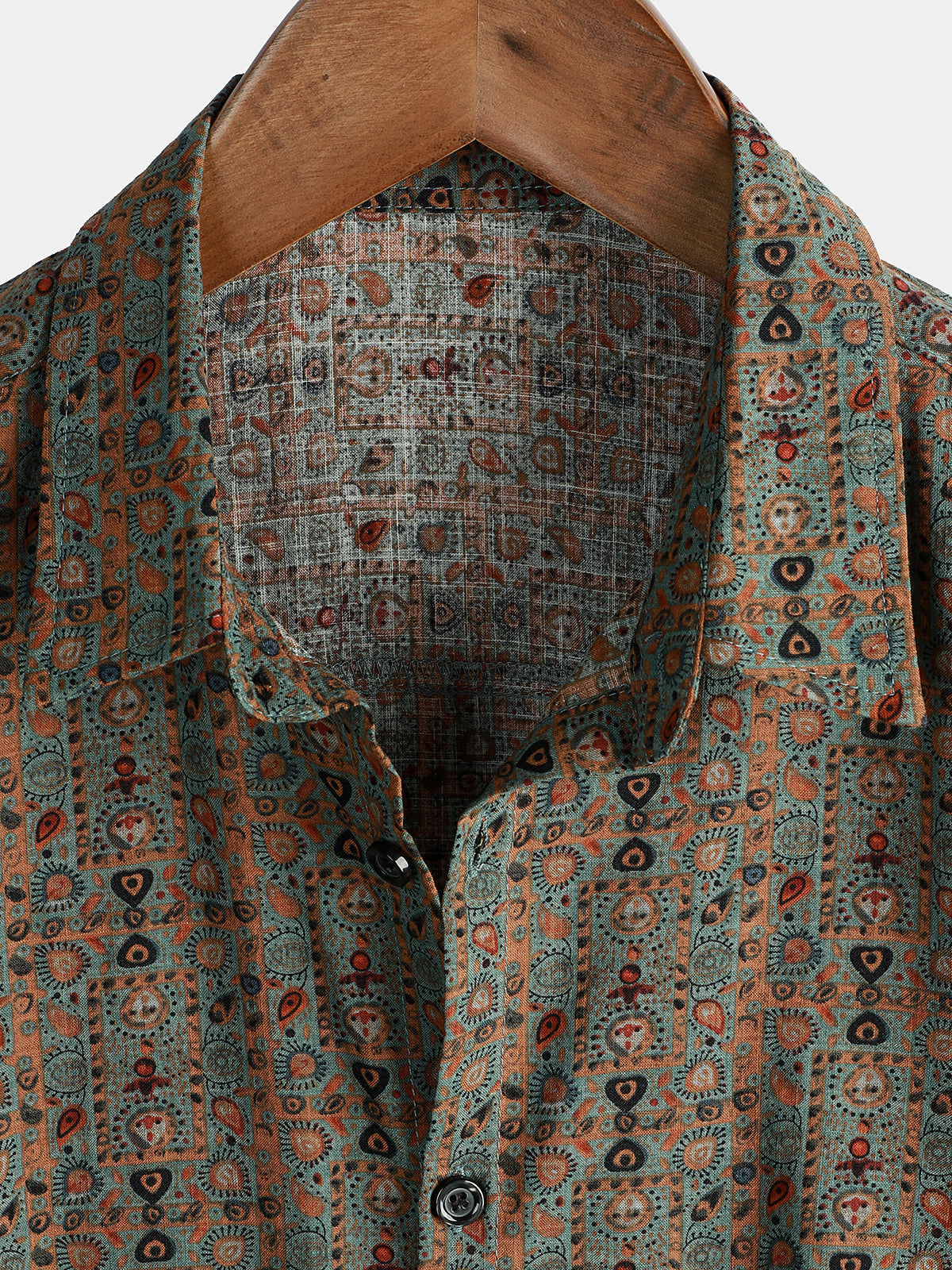 Short-Sleeve Retro Tribal Bohemian Brown Print Vintage 70s Shirt