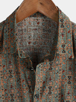 Men's Vintage Style Cotton Shirt with Paisley Pattern from the 70s with Brown Buttons in Boho Retro Tribal Style, Short Sleeve