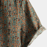 Short-Sleeve Retro Tribal Bohemian Brown Print Vintage 70s Shirt