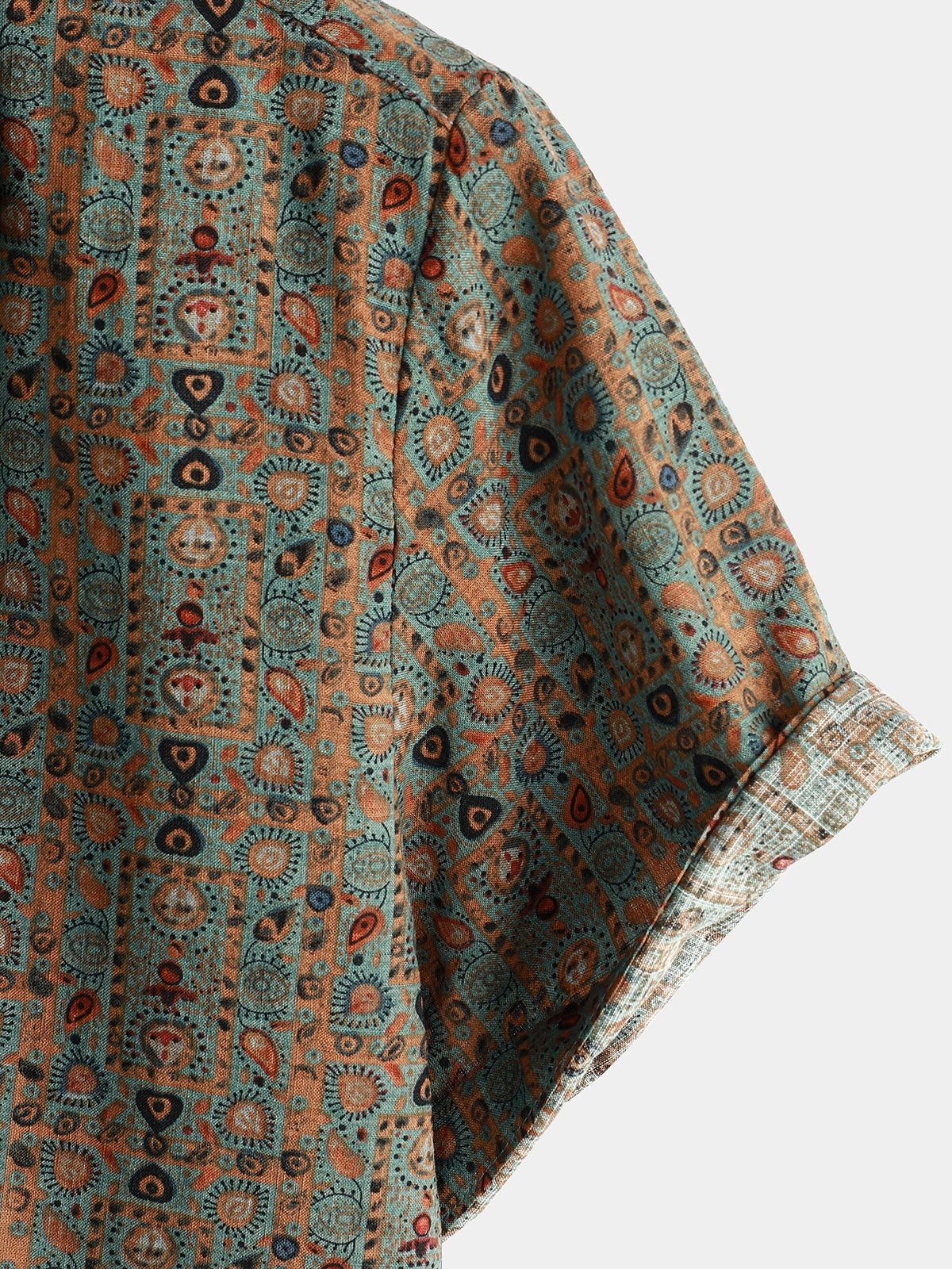 Short-Sleeve Retro Tribal Bohemian Brown Print Vintage 70s Shirt