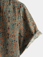 Short-Sleeve Retro Tribal Bohemian Brown Print Vintage 70s Shirt