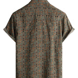 Men's Vintage Style Cotton Shirt with Paisley Pattern from the 70s with Brown Buttons in Boho Retro Tribal Style, Short Sleeve