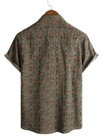 Men's Vintage Style Cotton Shirt with Paisley Pattern from the 70s with Brown Buttons in Boho Retro Tribal Style, Short Sleeve