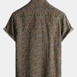 Short-Sleeve Retro Tribal Bohemian Brown Print Vintage 70s Shirt