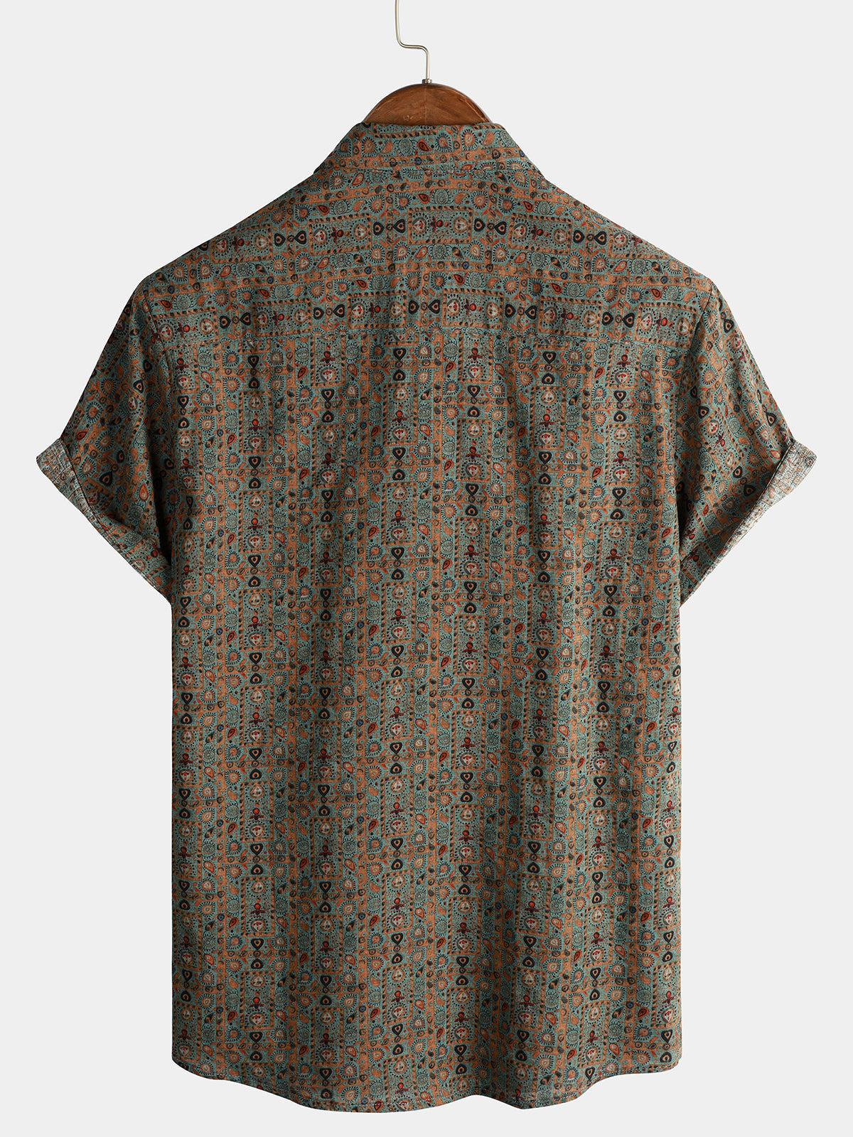Short-Sleeve Retro Tribal Bohemian Brown Print Vintage 70s Shirt