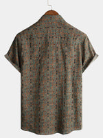 Short-Sleeve Retro Tribal Bohemian Brown Print Vintage 70s Shirt