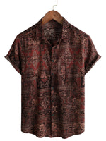 Men's Retro Style Cotton Shirt with Floral Paisley Pattern, with Buttons, Vintage, for Vacation, Western, Brown, Short Sleeve