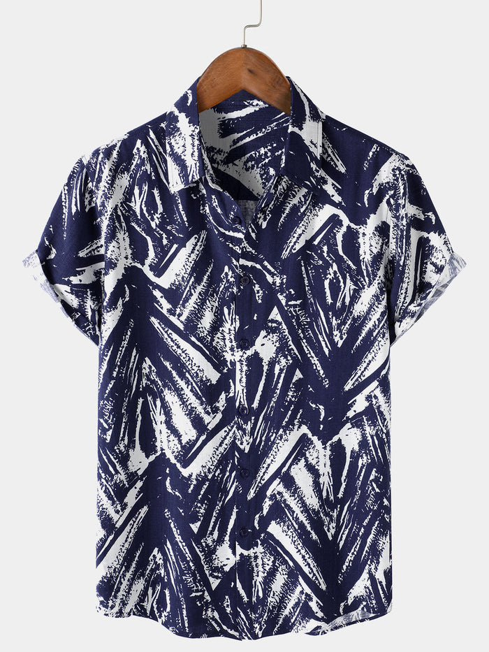 Navy Short Sleeve Abstract Geometric Print Shirt