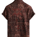 Men's Retro Style Cotton Shirt with Floral Paisley Pattern, with Buttons, Vintage, for Vacation, Western, Brown, Short Sleeve