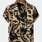 Retro Button-Up Short Sleeve Abstract Botanical Pattern Shirt
