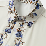 Cream Blue Floral Vine Casual Summer Short Sleeve Shirt