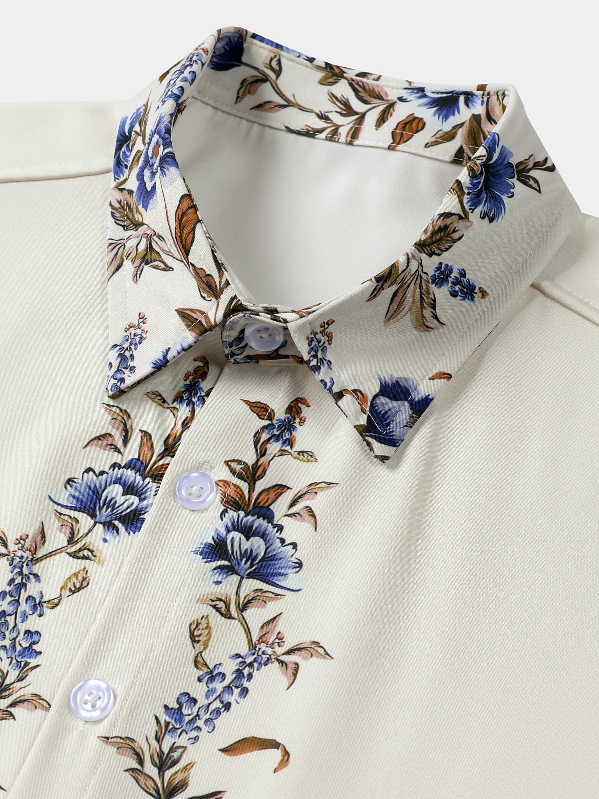 Cream Blue Floral Vine Casual Summer Short Sleeve Shirt