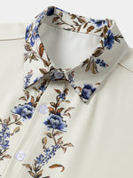 Cream Blue Floral Vine Casual Summer Short Sleeve Shirt