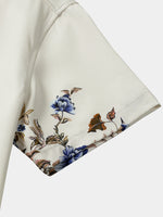 Cream Blue Floral Vine Casual Summer Short Sleeve Shirt