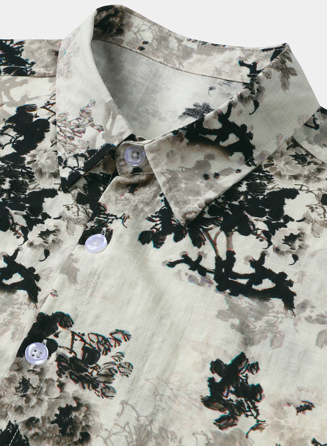 Beige Floral Print Washed Ink Effect Casual Short Sleeve Shirt