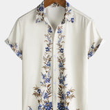 Cream Blue Floral Vine Casual Summer Short Sleeve Shirt
