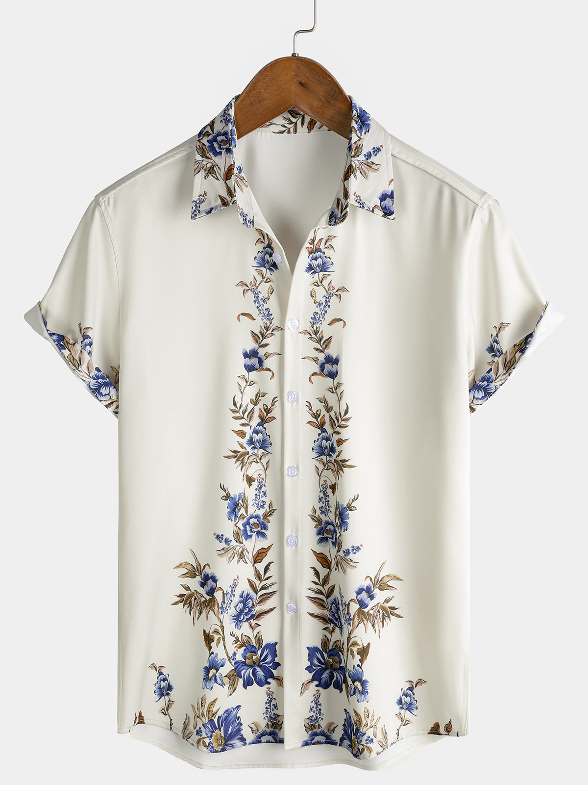 Cream Blue Floral Vine Casual Summer Short Sleeve Shirt