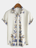 Cream Blue Floral Vine Casual Summer Short Sleeve Shirt