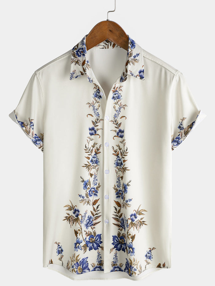 Cream Blue Floral Vine Casual Summer Short Sleeve Shirt