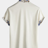 Cream Blue Floral Vine Casual Summer Short Sleeve Shirt
