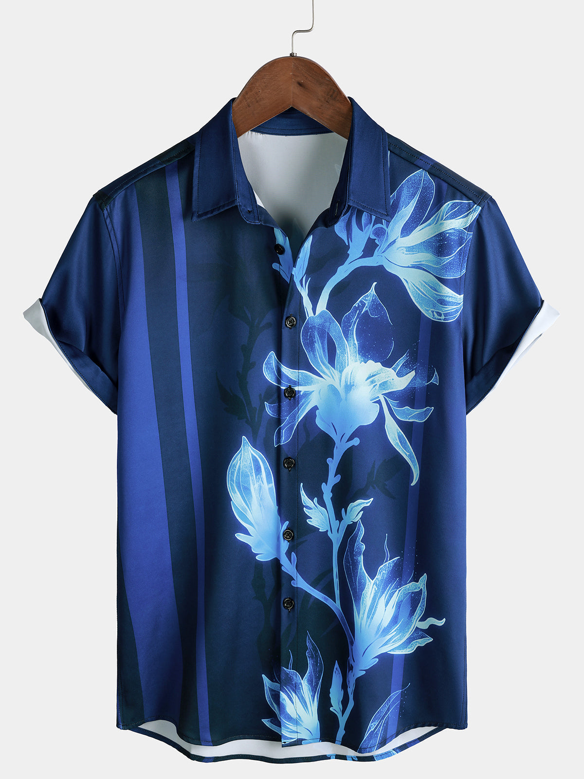 Navy Floral Print Casual Short Sleeve Shirt