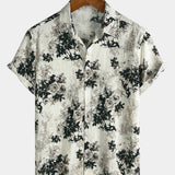 Beige Floral Print Washed Ink Effect Casual Short Sleeve Shirt