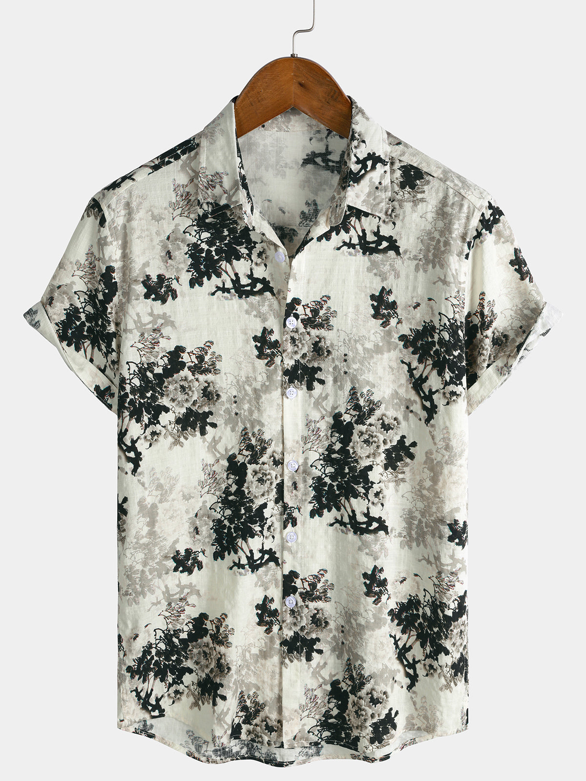 Beige Floral Print Washed Ink Effect Casual Short Sleeve Shirt
