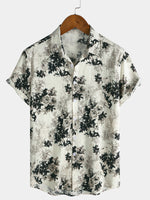 Beige Floral Print Washed Ink Effect Casual Short Sleeve Shirt